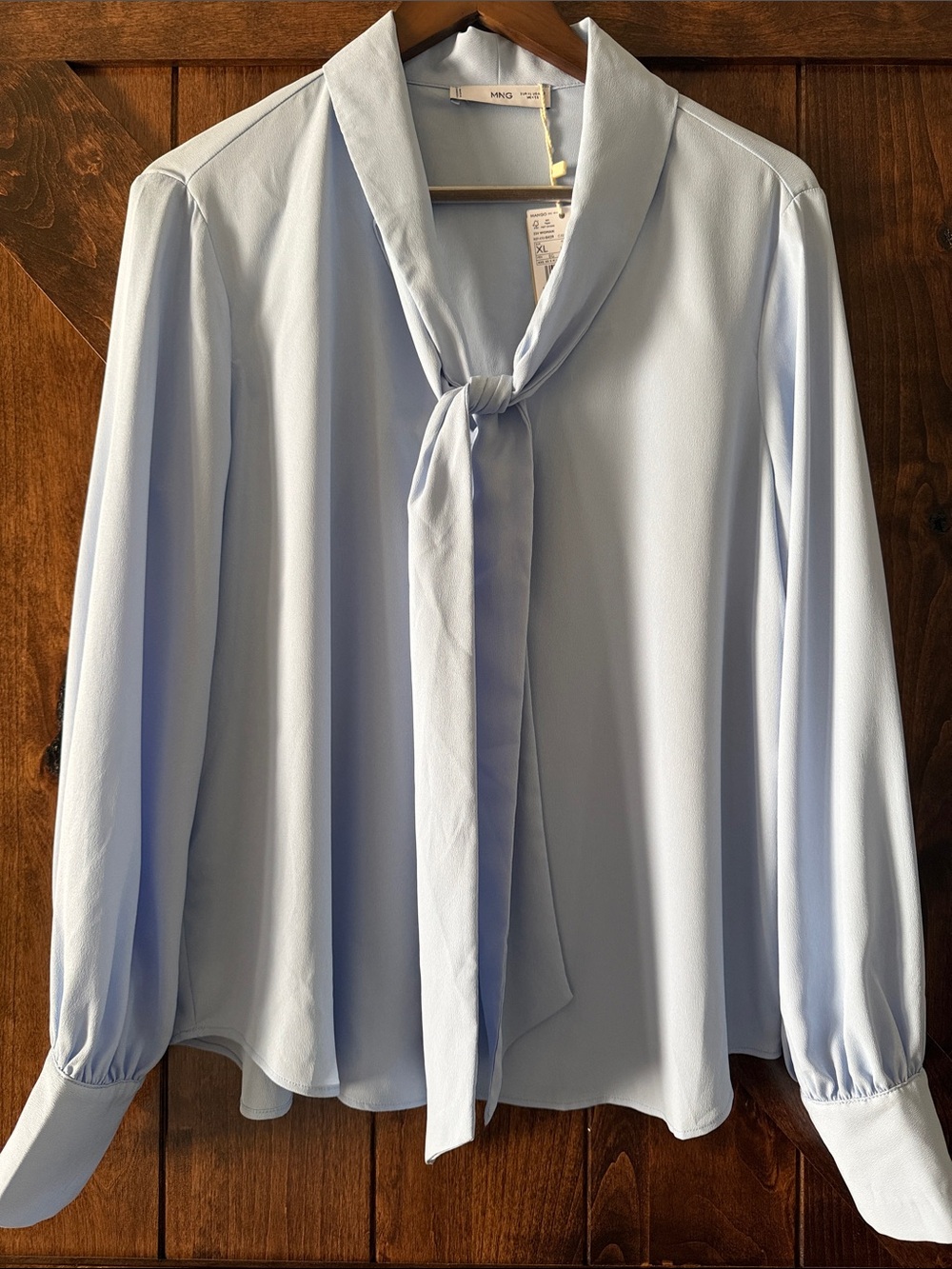 Mango Pale Blue Tie-Neck Long Sleeve Blouse 10 NWT